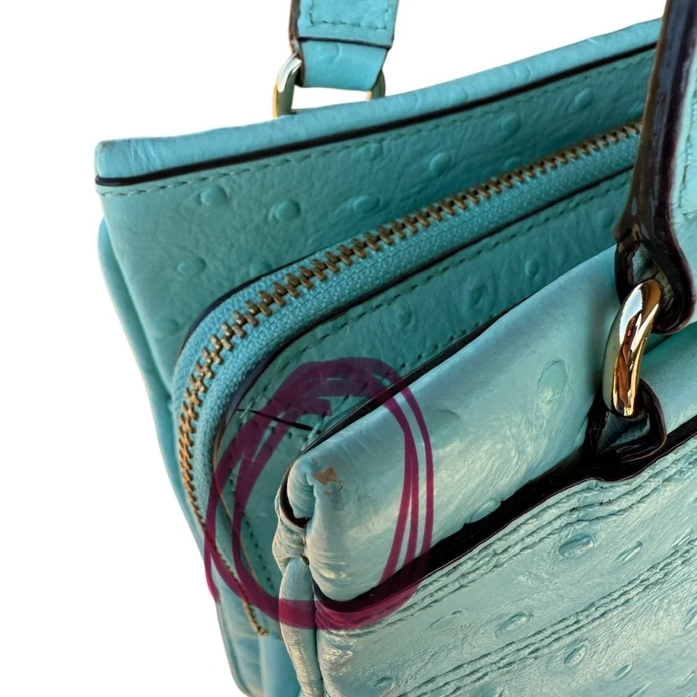 Kate Spade Robins Egg Blue Ostrich Design Embossed Leather W Bow Handbag 11x8 In